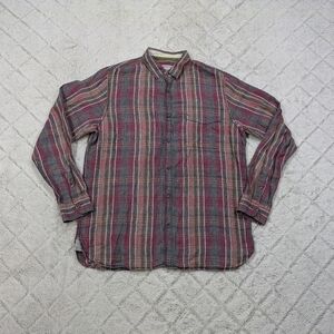 32 Bar Blues Shirt Men's L Red Brown Plaid Linen Button Up Long Sleeve